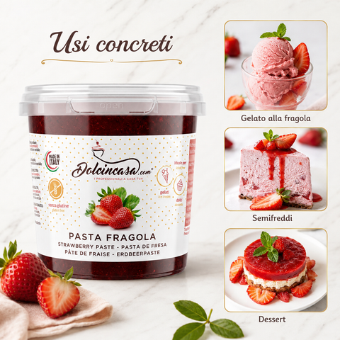 Pasta Fragola Dolcincasa mostrata con usi concreti per gelato alla fragola, semifreddi e dessert.
