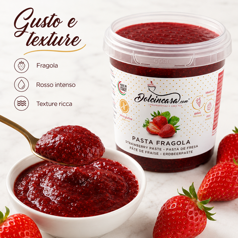Pasta Fragola Dolcincasa con focus su gusto alla fragola, colore rosso intenso e texture ricca.
