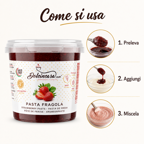 Pasta Fragola Dolcincasa in grafica come si usa con tre passaggi: preleva, aggiungi e miscela.
