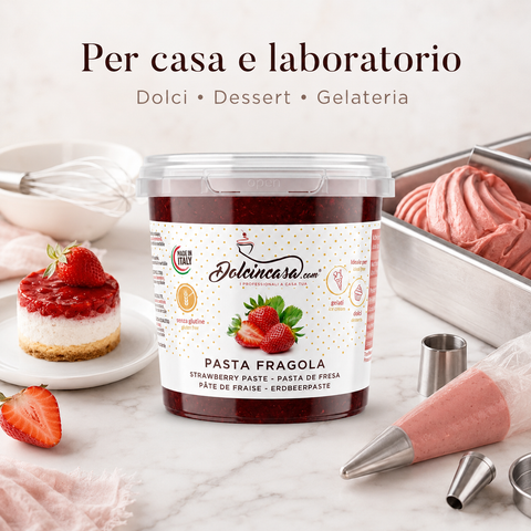 Pasta Fragola Dolcincasa per uso in casa e laboratorio, adatta a dolci, dessert e gelateria.
