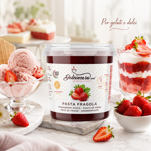Pasta Fragola Dolcincasa in scena lifestyle premium con gelati, dolci, dessert e fragole fresche.
