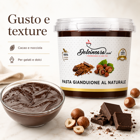 Texture densa e cremosa della Pasta Gianduione Dolcincasa al gusto di cacao e nocciola.
