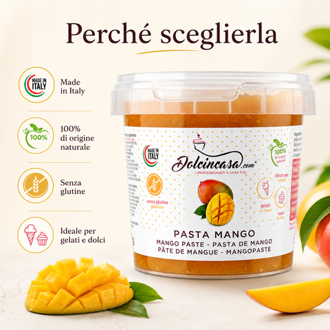 Pasta Mango Dolcincasa con benefici Made in Italy, 100% di origine naturale, senza glutine e ideale per gelati e dolci.