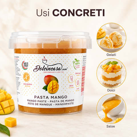 Pasta Mango Dolcincasa con esempi di utilizzo per gelati, dolci e salse in una grafica premium chiara e ordinata.