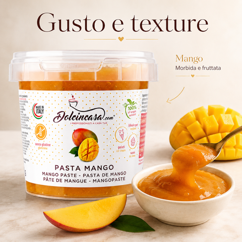Pasta Mango Dolcincasa con focus su gusto e texture, mango morbido e fruttato con consistenza lucida e naturale.