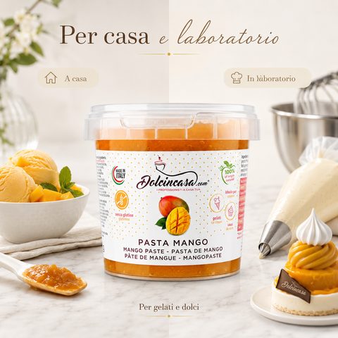 Pasta Mango Dolcincasa in scena premium per casa e laboratorio, ideale per preparazioni di gelateria e pasticceria.