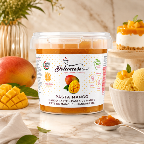 Pasta Mango Dolcincasa in ambientazione lifestyle premium con mango, gelato e dessert, pack protagonista e atmosfera calda italiana.