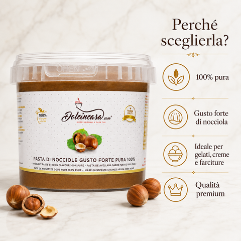 Pasta di nocciole Dolcincasa gusto forte pura 100%, benefici principali con grafica premium su fondo marmo chiaro.