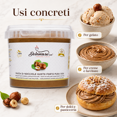 Usi della Pasta di Nocciole Dolcincasa per gelato, creme, farciture, dolci e pasticceria professionale.