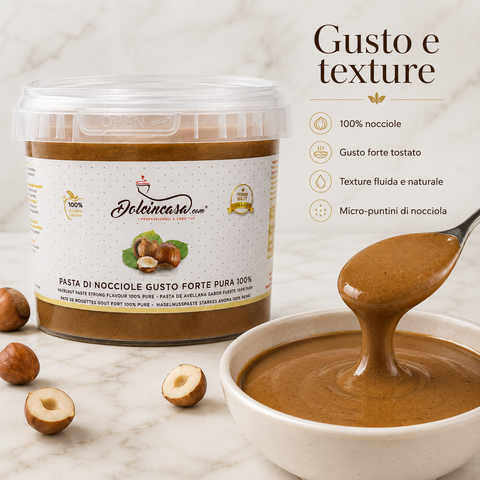 Texture della Pasta di Nocciole Dolcincasa, fluida e naturale con gusto forte tostato e micro-puntini di nocciola.
