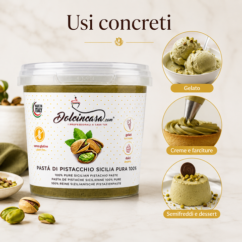 Pasta di Pistacchio Dolcincasa per gelati, creme, farciture, semifreddi e dessert.