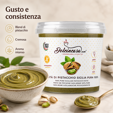 Pasta di Pistacchio Dolcincasa con texture cremosa, gusto intenso e consistenza professionale.