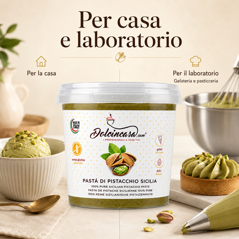 Pasta di Pistacchio Dolcincasa per uso in casa, gelateria, pasticceria e laboratorio.