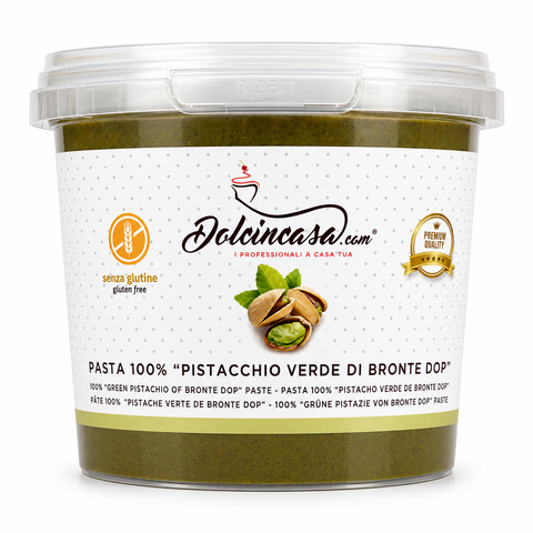 Pasta 100% Pistacchio Verde di Bronte DOP Dolcincasa in confezione professionale, foto prodotto premium su sfondo bianco per gelateria e pasticceria.