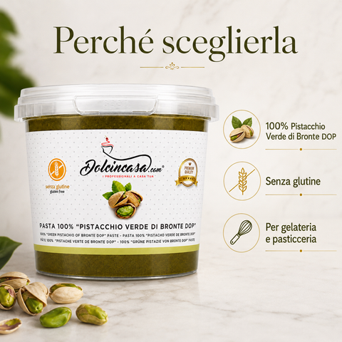 Pasta Pistacchio Verde di Bronte DOP Dolcincasa con benefici principali, senza glutine e ideale per gelateria e pasticceria.
