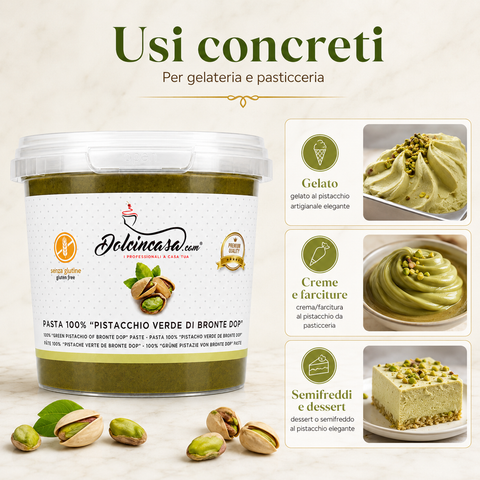 Pasta Pistacchio Verde di Bronte DOP Dolcincasa per gelato, creme, farciture, semifreddi e dessert di gelateria e pasticceria.
