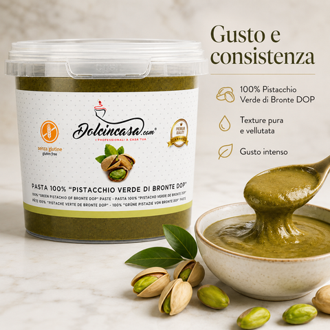 Pasta Pistacchio Verde di Bronte DOP Dolcincasa con texture vellutata, gusto intenso e consistenza cremosa per preparazioni professionali.