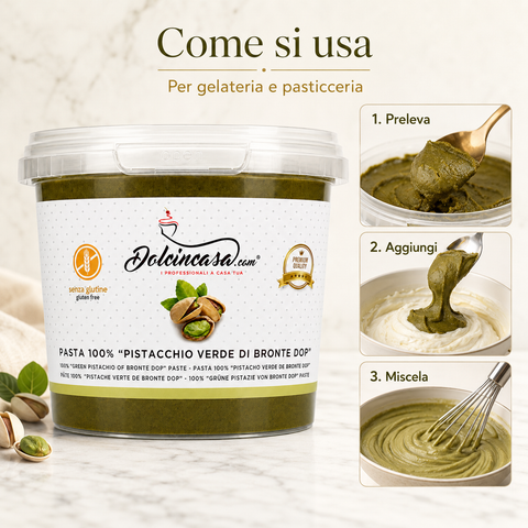 Come usare la Pasta Pistacchio Verde di Bronte DOP Dolcincasa: preleva, aggiungi e miscela per gelateria e pasticceria.
