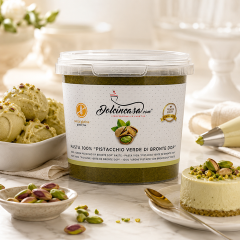 Pasta Pistacchio Verde di Bronte DOP Dolcincasa in scena lifestyle premium con gelato e dessert al pistacchio.