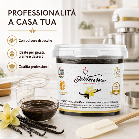 Pasta Vaniglia Bianca al Naturale Dolcincasa con polvere di bacche in cucina professionale, ideale per gelati, creme e dessert.
