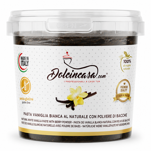 Pasta Vaniglia Bianca al Naturale con Polvere di Bacche Dolcincasa in confezione professionale su sfondo bianco.
