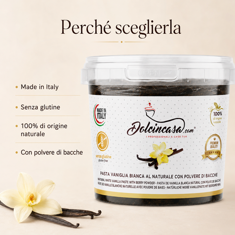 Pasta Vaniglia Bianca Dolcincasa Made in Italy senza glutine con polvere di bacche e origine naturale.