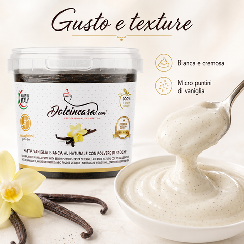Texture bianca e cremosa della Pasta Vaniglia Bianca Dolcincasa con micro puntini neri di vaniglia.