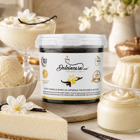 Pasta Vaniglia Bianca Dolcincasa in scena lifestyle premium con dolci, gelati e creme alla vaniglia.
