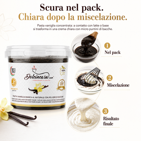 Pasta Vaniglia Bianca al Naturale Dolcincasa scura nel pack, durante la miscelazione con il latte e nel risultato finale chiaro con micro puntini di polvere di bacche.