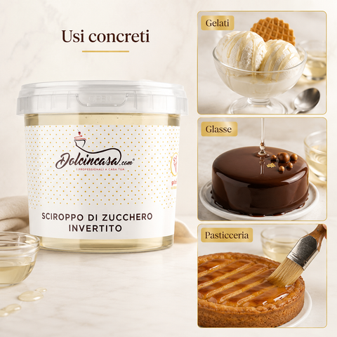 Sciroppo di Zucchero Invertito Dolcincasa mostrato con usi concreti per gelati, glasse e preparazioni di pasticceria.