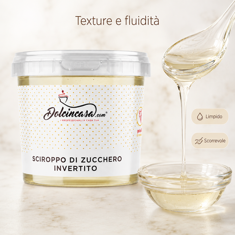 Sciroppo di Zucchero Invertito Dolcincasa con focus su texture limpida e fluida, colata dorata in ciotola di vetro.