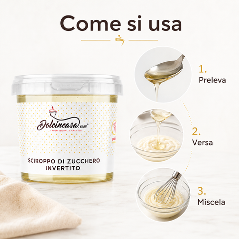 Sciroppo di Zucchero Invertito Dolcincasa in grafica come si usa: preleva, versa e miscela nelle preparazioni dolciarie.
