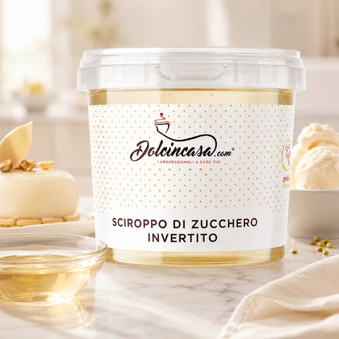Sciroppo di Zucchero Invertito Dolcincasa in scena lifestyle premium con dessert eleganti e ciotola di sciroppo limpido.
