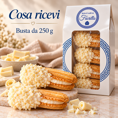 Cosa ricevi: busta da 250 g di frollini con cioccolato bianco Dolciaria Fiorillo.