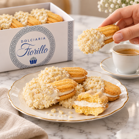 Frollini con cioccolato bianco Dolciaria Fiorillo serviti con caffè in una scena di degustazione.