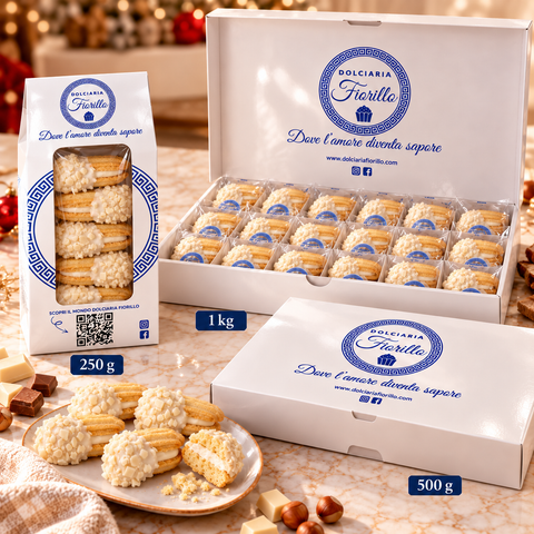 Formati Fiorillo dei frollini con cioccolato bianco: busta 250 g e scatole piatte da 500 g e 1 kg.