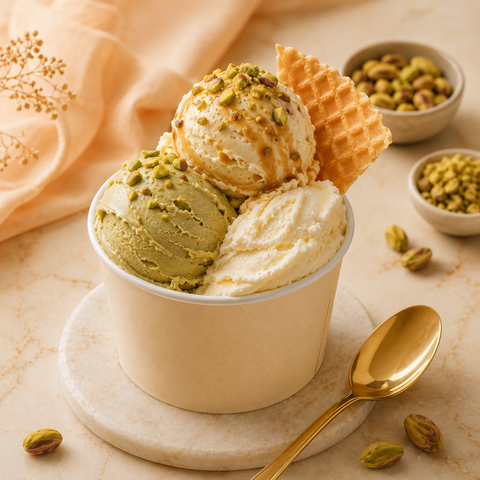 Gelato artigianale al pistacchio e crema con ingredienti su marmo chiaro
