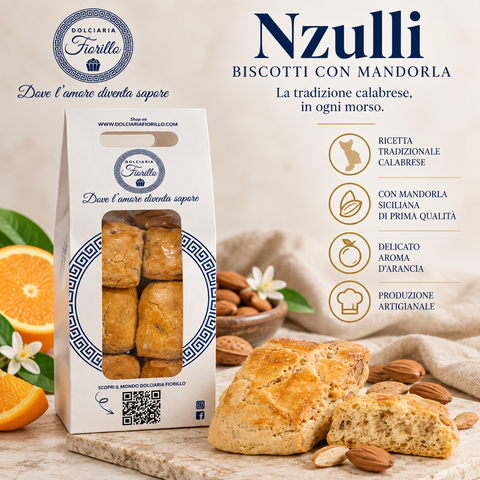 Nzulli calabresi con mandorla siciliana e aroma d’arancia, confezione Dolciaria Fiorillo e punti di forza del prodotto.
