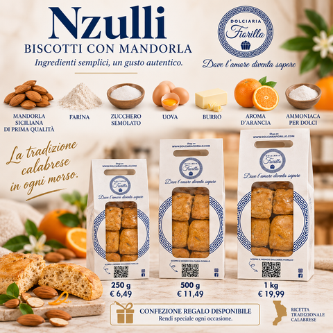  Nzulli calabresi Dolciaria Fiorillo con ingredienti, formati 250 g, 500 g e 1 kg e confezione regalo.
