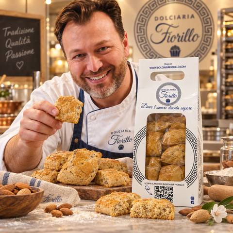 Nzulli calabresi artigianali Dolciaria Fiorillo in laboratorio con confezione originale e biscotti alla mandorla.