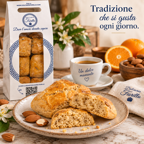 Nzulli calabresi artigianali Dolciaria Fiorillo serviti con caffè, mandorle e arancia in una scena quotidiana.