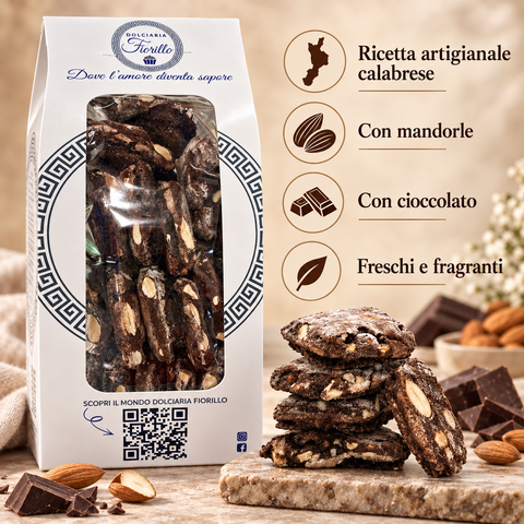 Nzulli al cioccolato con mandorla Dolciaria Fiorillo con richiamo alla ricetta calabrese, mandorle e cioccolato.

