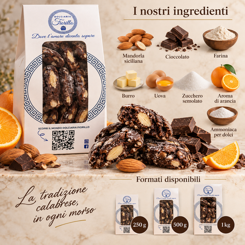 Nzulli al cioccolato con mandorla Dolciaria Fiorillo con ingredienti e formati da 250 g, 500 g e 1 kg.