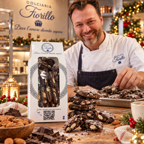 Nzulli al cioccolato con mandorla Dolciaria Fiorillo in laboratorio con confezione originale e biscotti artigianali.