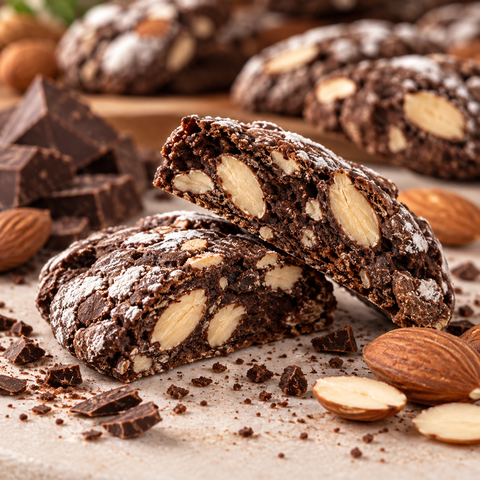 Dettaglio della texture degli Nzulli al cioccolato con mandorla Dolciaria Fiorillo, con interno friabile e mandorle visibili.