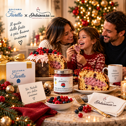 Famiglia che condivide il panettone artigianale ai frutti di bosco con crema Dolcincasa e confezione regalo Dolciaria Fiorillo a Natale