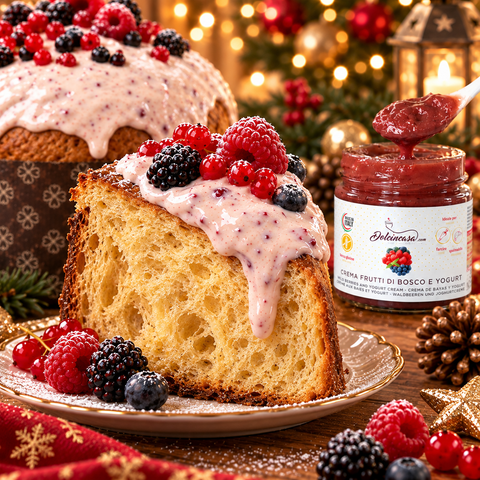 Texture della crema frutti di bosco e yogurt Dolcincasa con panettone artigianale Dolciaria Fiorillo e confezione regalo natalizia