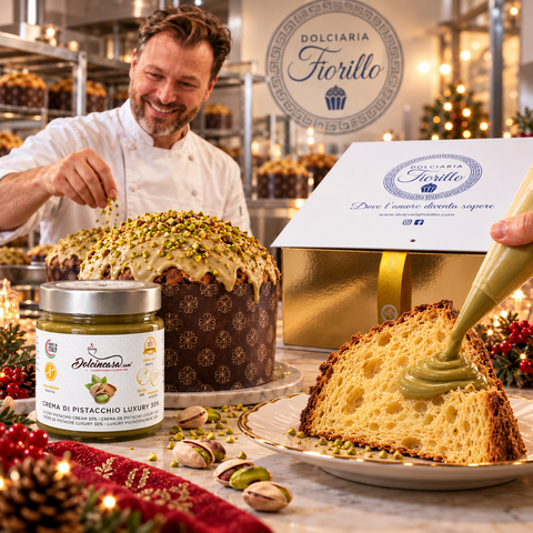 Lavorazione artigianale del panettone al pistacchio Dolciaria Fiorillo in laboratorio con Crema al Pistacchio 30% Dolcincasa