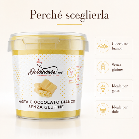 Pasta Cioccolato Bianco Senza Glutine Dolcincasa con indicazioni per gelati e dolci