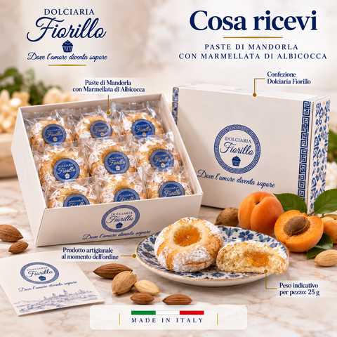 Paste di mandorla con marmellata di albicocca Dolciaria Fiorillo con confezione Fiorillo, prodotto confezionato, albicocche e mandorle.